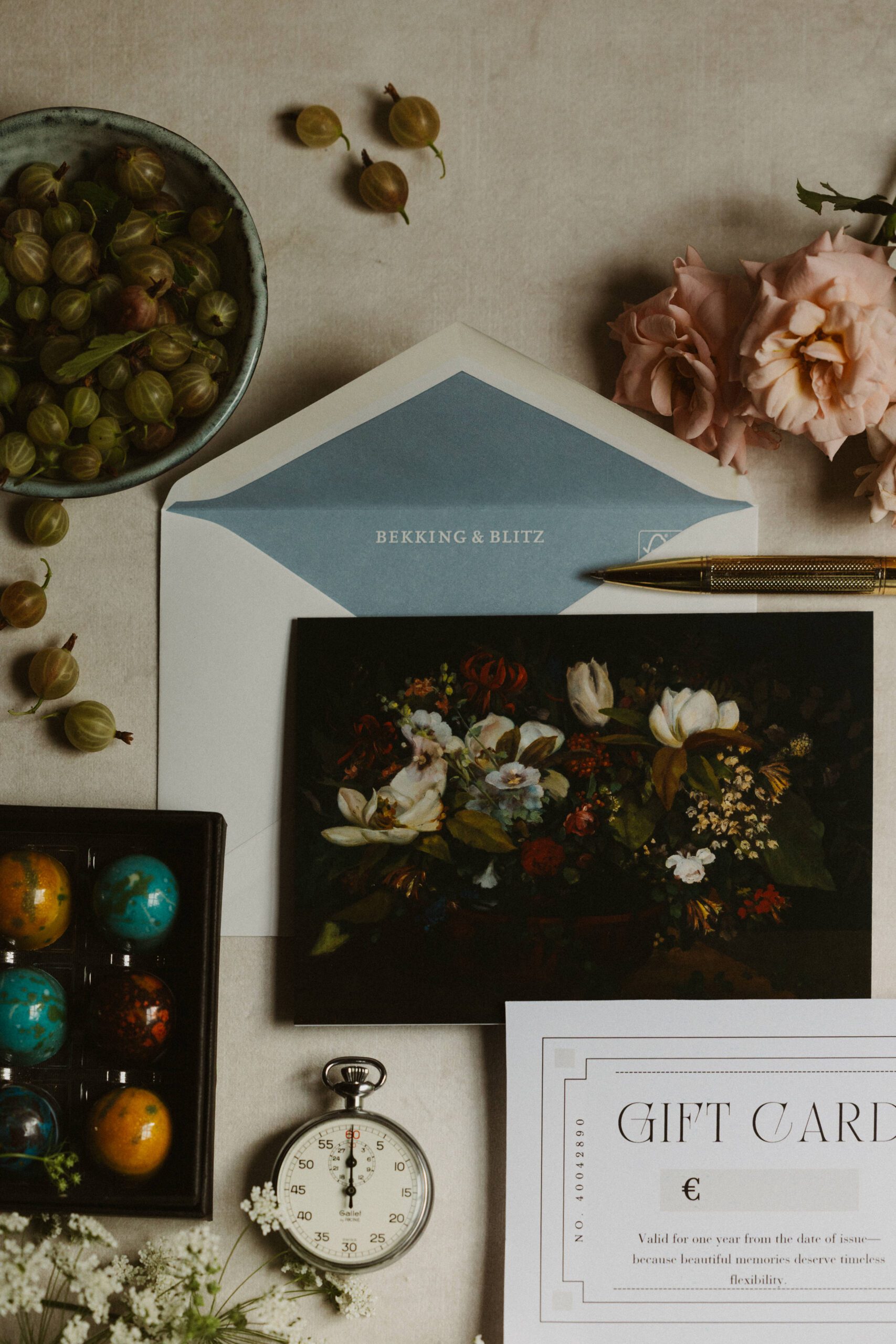 Photography gift certificate with handwritten card, Van Gogh Chocolates by chocolatier Maurice Daamen, and gooseberries